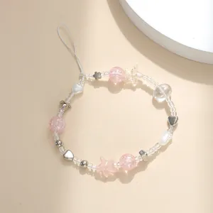 Pink tulip flower beaded phone strap with heart and star charms for accessories