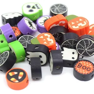 Halloween polymer clay beads with pumpkin ghost and skull patterns for DIY jewelry making