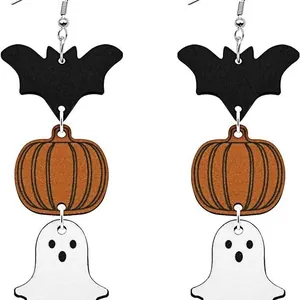 Σκουλαρίκια Halloween με δερμάτινη νυχτερίδα, κολοκύθα και φάντασμα σε ασημένια άγκιστρα