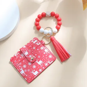 Christmas silicone bead bracelet with red elk print wallet and leather tassel keychain