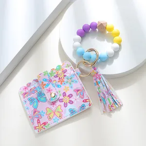 Floral butterfly PU leather wallet keychain with colorful silicone bead wristlet strap
