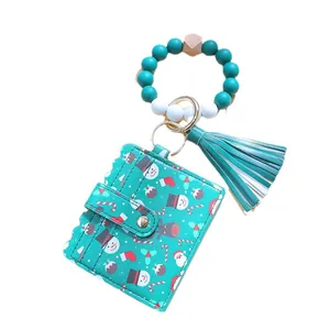 Teal Christmas silicone bead keychain bracelet with printed card wallet and leather tassel