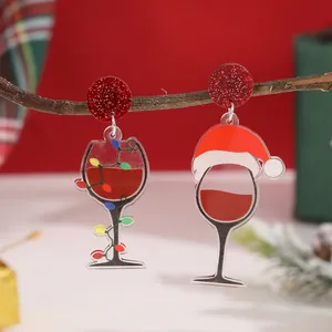 Pendientes Colgantes de Acrílico de Navidad Copa de Vino Gorro de Papá Noel Botella de Vino Joyería para Mujer