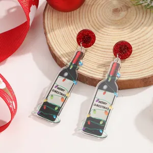 Pendientes navideños de acrílico con forma de botella de vino y purpurina roja festiva