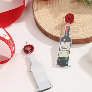 Pendientes de botella de vino navideña con estampado Merry Christmas y luces de colores