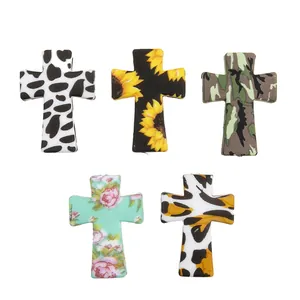 Perline a croce in silicone con motivi a mucca, girasole, mimetico, floreale e leopardo