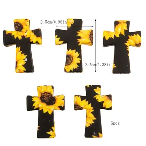 Lot de 5 perles en silicone en forme de croix avec motif tournesol pour bijoux DIY