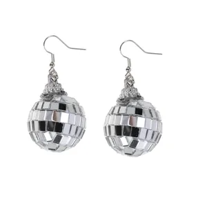 Silver retro disco ball earrings with mirror finish squares and minimalist hooks