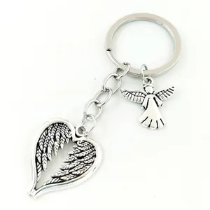 Vintage Silver Alloy Guardian Angel Wings Heart Keychain Hollow Out Angel Pendant Key Ring For Women Men Jewelry Gift