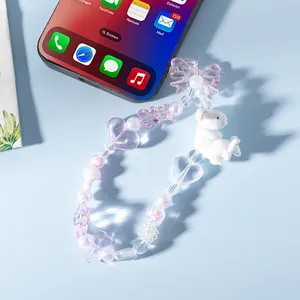 Charme de Téléphone Perlé Rose Avec Pendentif Lapin en Résine Nœud Cœur Perles Cordon de Téléphone Esthétique pour Femmes Sacs