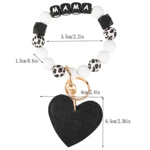 Silicone beaded MAMA bracelet keychain with cow print beads and heart LOVE leather charm
