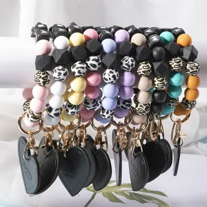 Silicone beaded keychain bracelet with leather heart pendant and MAMA letter beads