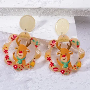 Christmas acrylic drop earrings featuring a cartoon reindeer and snowflake pattern