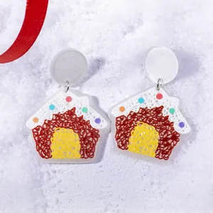 Christmas gingerbread house acrylic earrings with colorful glitter and snowy texture