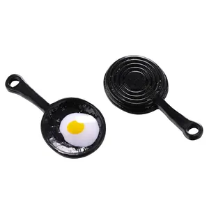 Miniature black frying pan charms with realistic fried egg for DIY jewelry making