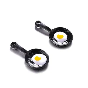 Miniature black frying pan with fried egg pendants, set of two DIY jewelry accessories