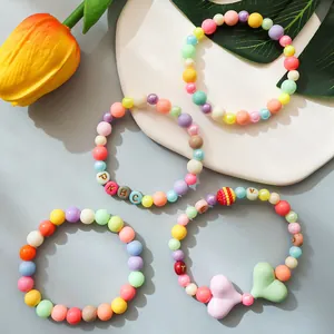 Macaron color beaded bracelets with letter charms and heart pendants for DIY jewelry