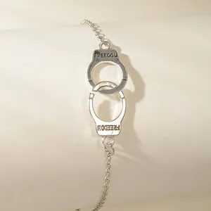 Trendy Zinc Alloy Handcuff Freedom Letter Engraved Anklet Adjustable Silver Color Hip Hop Bracelet For Unisex Jewelry