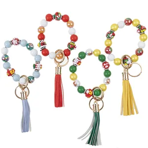Christmas silicone bead bracelet keychain set with festive tassels and charms