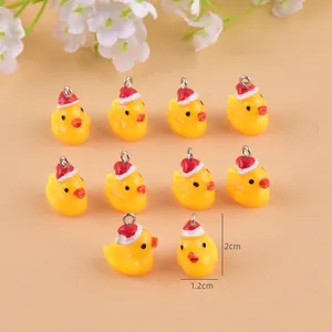 Set of 10 resin Christmas yellow duck pendants with red hats for DIY jewelry making