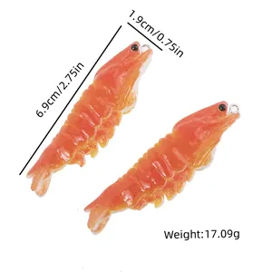 Detailed view of realistic shrimp pendant with metal ring and size measurements shown