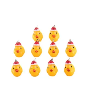 Set of 10 resin little yellow ducks with red Christmas hats and silver metal loops