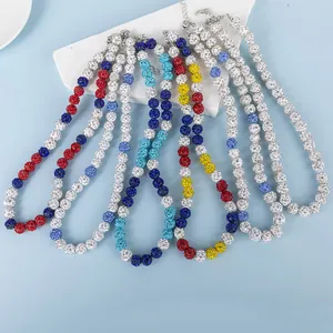 Collier de Perles Boule à Facettes en Strass Hip Hop pour Hommes Femmes Chaîne de Cou Réglable en Pâte Polymère Bijoux Cadeau