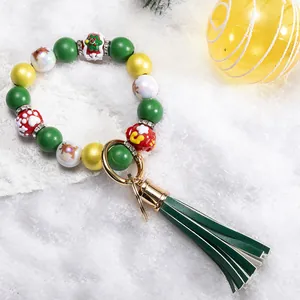 Christmas Beaded Keychain Bracelet For Women Wood Acrylic Santa Claus Snowflake Tassel Wristlet Keychain Holiday Gift