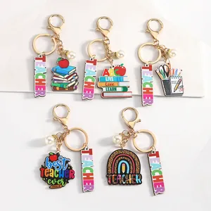 Teacher Appreciation Keychain Gift Alloy Wood Rainbow Pencil Book Pendant Keychain For Women Graduation Teacher Day Gift
