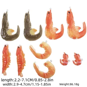 Detailed size chart for 10 pieces of realistic resin shrimp pendants in various colors