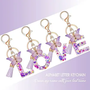 Resin Alphabet Letter Keychain With Heart Glitter Purple Butterfly Tassel Gold Plated Metal Lobster Clasp Key Ring For Women
