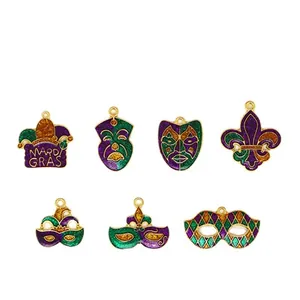 Set of 7 Mardi Gras charm pendants with glitter masks, fleur-de-lis and jester hats