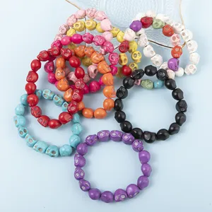 Punk Skull Beaded Bracelet Colorful Synthetic Turquoise Stone Elastic Wristband Gothic Halloween Jewelry For Men Women