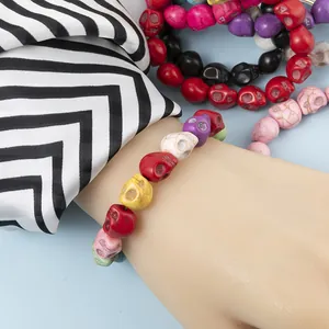Colorful skull beaded bracelet featuring gothic style resin charms for Halloween