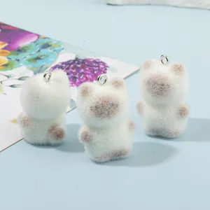 Cartoon Flocked Resin Siamese Cat Pendants For DIY Jewelry Making Cute Animal Charms With Metal Ring For Keychain Necklace
