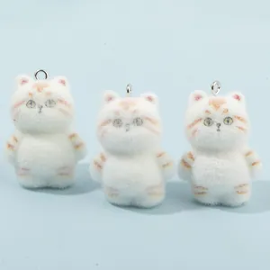 Three cute flocked cat charms with orange tabby details and silver metal ring for DIY