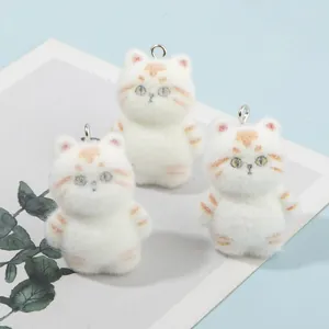 Flocked Resin Cat Pendants Cute Tabby Animal Charms For DIY Jewelry Making Keychain Phone Bag Decor Accessories