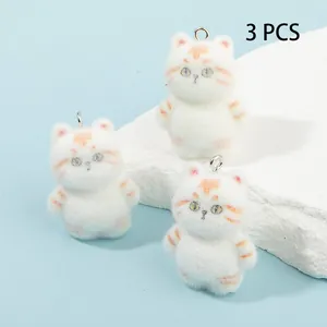 Set of 3 white flocked cat charms with orange stripes and silver rings for DIY crafts