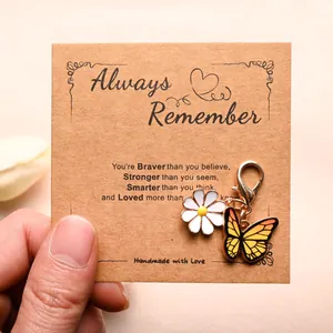 Pendentifs émaillés marguerite et papillon avec fermoir doré sur une carte cadeau