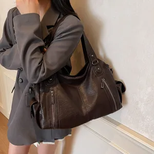 Western Retro Large Capacity Tote Bag For Women PU Leather Multi Pocket Shoulder Crossbody Bag Casual Daily Commute Handbag
