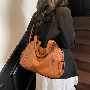 Vintage dark brown large tote bag with lychee texture and multiple zipper pockets