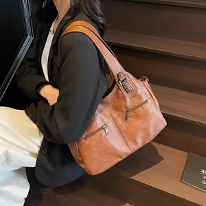Dames Retro PU-Leren Tote Tas Grote Capaciteit Effen Kleur Handtas Met Ritszakken Aan De Voorkant Casual Schoudertas