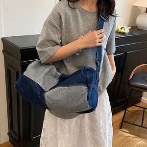 Retro denim patchwork crossbody tote bag with large capacity for daily casual style