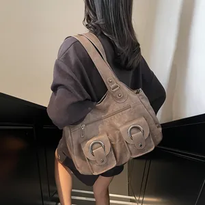 Large Capacity Women Retro PU Leather Tote Bag Metal Ring Multi-Pocket Simple Fashion Shoulder Crossbody Bag Daily Commuter
