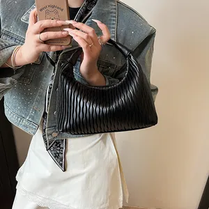 Damen Plissee Umhängetasche PU Leder Hobo Handtasche Retro Schultertasche Große Kapazität Lässige Einfarbig Tote