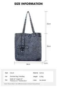 Detaillierte Größentabelle für Denim-Einkaufstasche mit Maßen 34x35x11cm und Henkel