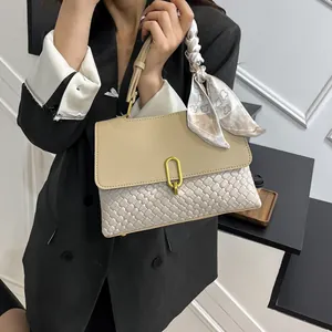 Vintage Woven PU Leather Handbag For Women Simple Crossbody Shoulder Bag With Satin Scarf Gold Metal Lock Messenger Bag