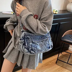 Vintage Washed Denim Crossbody Bag For Women Large Capacity Multi Pocket Dumpling Shoulder Bag Y2K Streetwear Fashion Bag