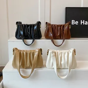 Elegant pleated cloud shoulder bags in four colors with adjustable straps and glossy PU finish