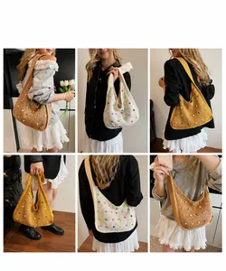 Detailed comparison of hand-woven pearl tote bags in beige, yellow, and brown colors